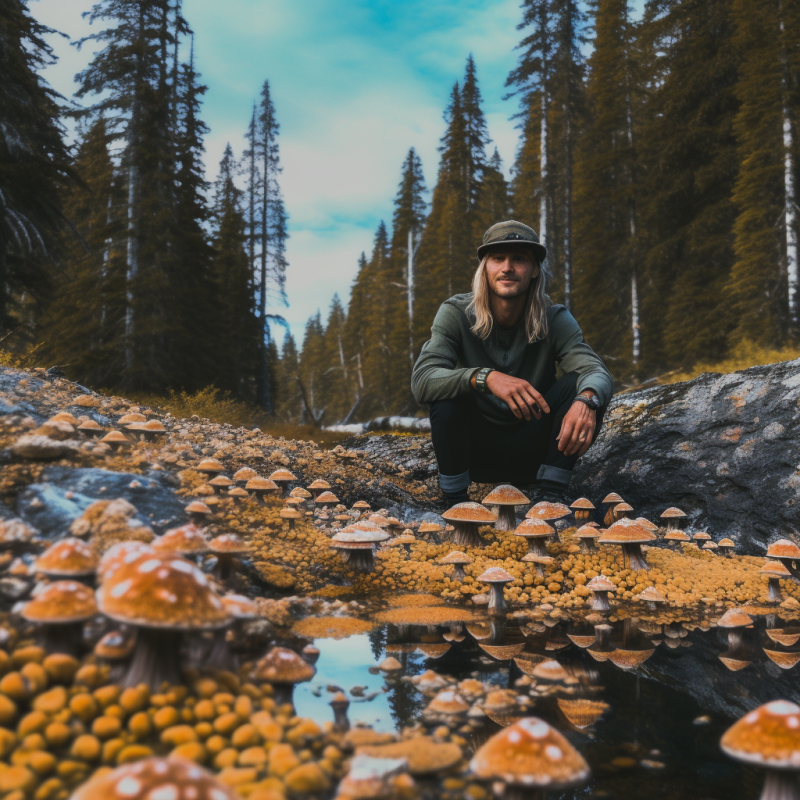 British Columbia Canada, Psilocybin Mushrooms Trip Guide , Man Sitting in front of river, magic mushrooms surrounding him.