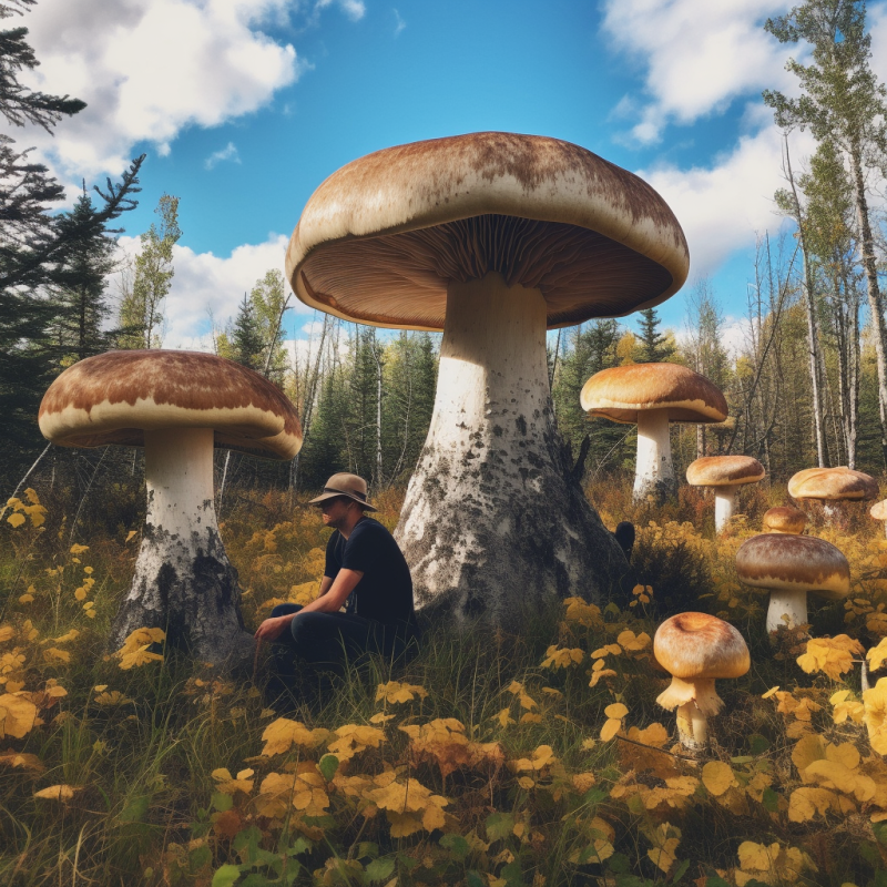 Man sitting under giant mushroom in the middle of a forest, surrounded by smaller psilocybin mushrooms